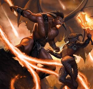 A balor and a pit fiend dueling.