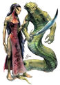 A yuan-ti pureblood (left) with an abomination (right).