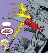 Kyriani casts a fiery magic missile from her palm at a gargoyle.