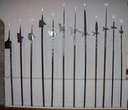 Five halberds alongside a voulge, two pole axes, two bec de corbins, a lucerne hammer, and a partisan.