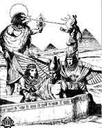 Set is shunned by Horus-Re as Isis and Nephthys preside over the resurrecting Osiris.