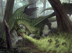 A group of soldiers experiencing an unenviable encounter with a green dragon.