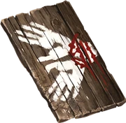 The holy symbol of Ilmater painted on a wooden sign.