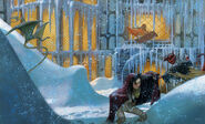 A pair of flying snakes brave snowy weather in Waterdeep to observe a group of youths playing.