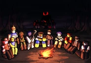 Art of all Survivors sitting around the campfire, along with the Killers in the background.