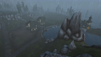 Sicht von oben auf das Gut der Williams' Familie vor Duskhaven - rechts das Herrenhaus, links die Häuser von bediensteten Familien.