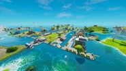 Top view of Pleasant Park in Chapter 2: Season 3 with the water level at its 1st stage