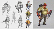 Early concept art of the male constructor and other characters.