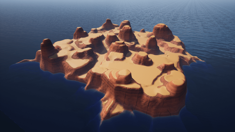 Arid Island A desert themed canyon with high peaks and jagged rocks, inspired by the Pandora desert area on the Battle Royale map.