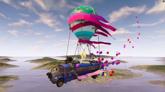 Image of the Battle Bus decorated to celebrate Fortnite 1st Birthday Celebration.