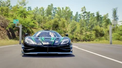 A Koenigsegg One:1 having activated a Speed Trap in Forza Horizon 3.