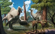 Illustration of Deinocheirus chases away two young Tarbosaurus