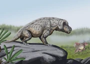 Anteosaurus in landscape.