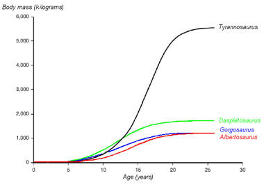 A graph showing the hypothesized growth curves (body mass versus age) of four tyrannosaurids. Gorgosaurus is shown in blue. Based on Erickson et al. 2004.