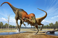 Illustration of Nanotyrannus attacks young T. rex
