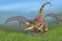 Rajasaurus with two Isisaurus in the background.