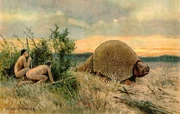 Illustration of two Paleo-Indians hunting Glyptodon