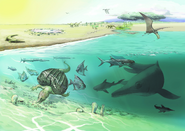 Illustration of Triassic sea animals in a lagoon