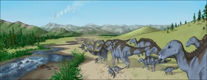 Illustration of a herd of Maiasaura walking along a creekbed, as found in the semi-arid Two Medicine Formation fossil bed. This region was characterized by volcanic ash layers and conifer, fern and horsetail vegetation.