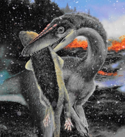 Artwork of theropod carries a mammalian