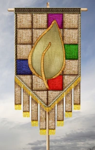 The flag of Ásaterra - a Gold Leaf on a Mosaic backdrop. The four faction colours are honoured in a continual spiral pattern.