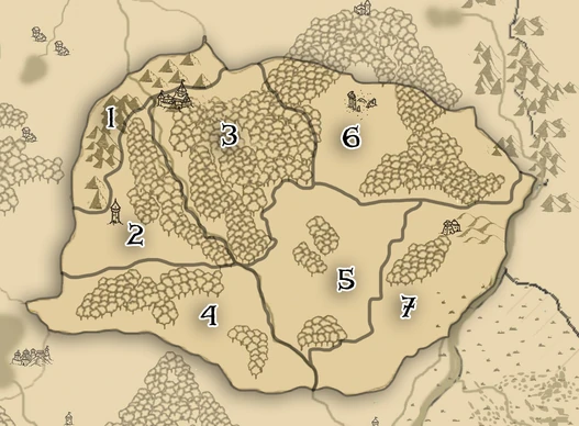 1) Koloven - 2) Hunsow - 3) Myghtsow - 4) Vilgwith - 5) Efanlas - 6) Spryonsow - 7) Garotir