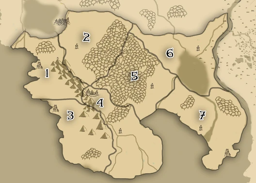 1) Glas - 2) Seagha - 3) Dubhdris - 4) Tàileach - 5) Lobhdain - 6) Crannach - 7) Surdach