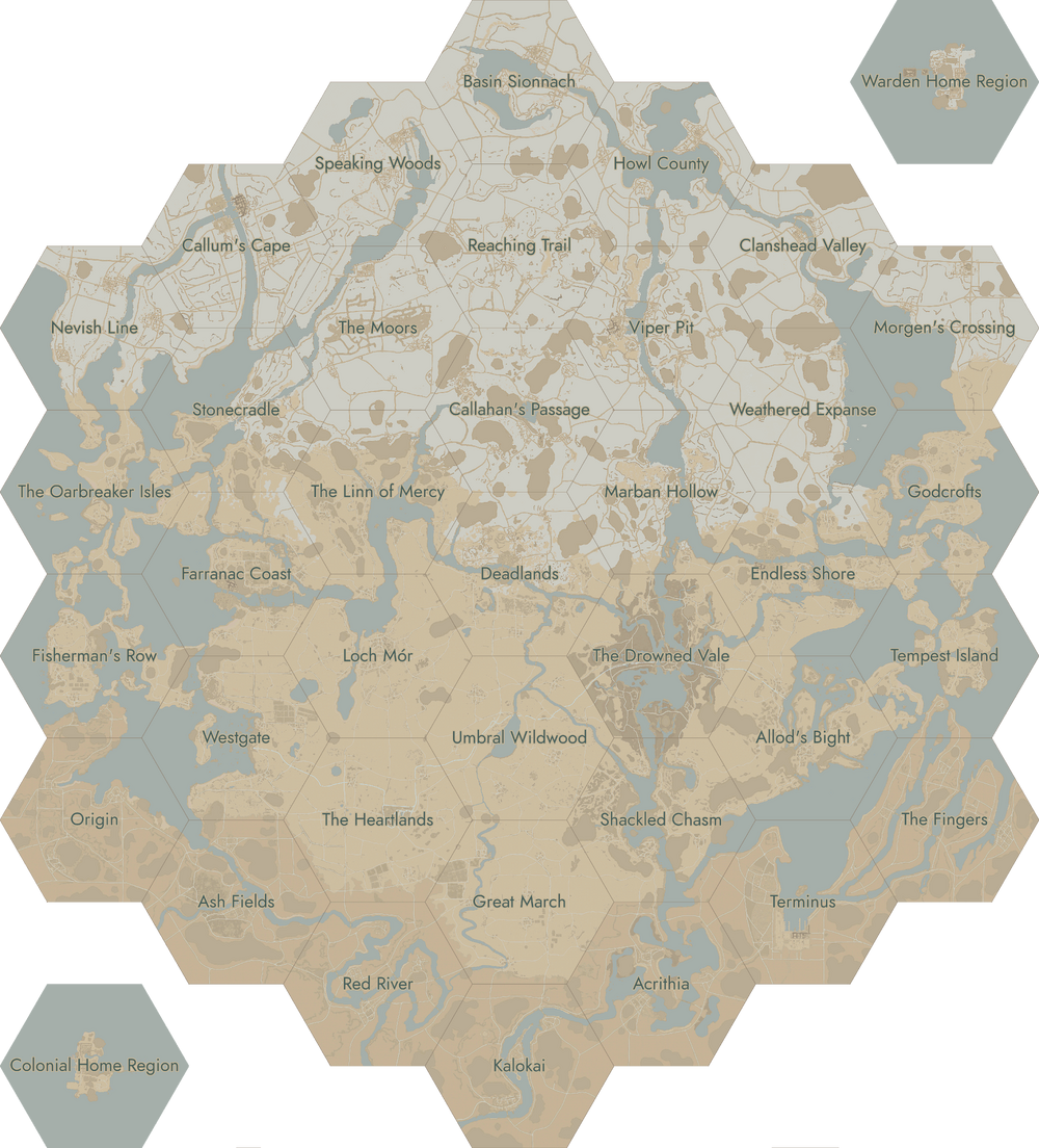 The World Map of Foxhole. Click on a region to open the corresponding page.