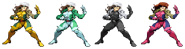 Rogue's first four costumes. From left to right: Comic/X-Men VS Street Fighter, Marvel vs Capcom 2, Movie, Gambit