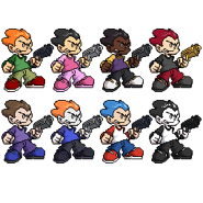 Pico's alternate costumes. Based on left to right: Pico, Nene, Darnell, Cassandra. Überkid, Piconjo, Boyfriend, and John Captain (Tankman)