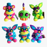 Blacklight Plushies Group: 3 various colors of Foxy, 2 various colors of Freddy, and Toy Cupcake.