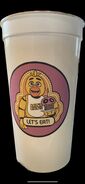 A plastic cup featuring Chica the Chicken.