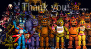 Freddy and Withered Freddy, featured with all (excluding the phantoms and shadows) of the other animatronics throughout the first four Five Nights at Freddy's installments.