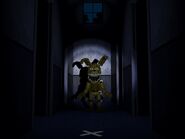 The still image of Plushtrap standing in the middle of the corridor before sitting down.