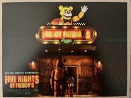 Blumhouse lobby card of Abby and Golden Freddy outside Freddy Fazbear's Pizza Place.