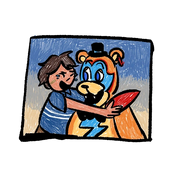 Gregory abrazando a Glamrock Freddy en una página de su cómic.