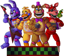 Rockstar Freddy, Rockstar Bonnie, Rockstar Chica, and Rockstar Foxy's artwork from Freddy Fazbear's Pizzeria Simulator'"`UNIQ--nowiki-00000003-QINU`"''s title menu.