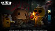 Chica holding Mr. Cupcake with M3GAN inside a FNaF location in Funko Fusion.