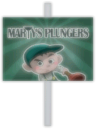 Cartel de Marty's Plungers en las mesas de la Pizzería.