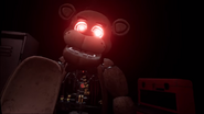 An angered Freddy with red glowing eyes after the player broke his music box.