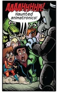 The haunted animatronics with resemblance to the classic Five Nights at Freddy's animatronics from Marvel Super Hero Adventures: Captain Marvel - Halloween Spooktacular #1. One of them resembled Montgomery Gator.