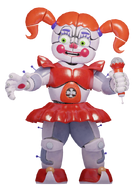 Una de las posibles poses de Circus Baby al espiar al jugador