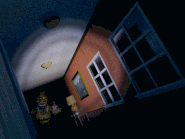 Nightmare Chica peeking down the Right Hall, brightened (click to animate).