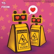A Valentine's Day card featuring two Caution Bots.
