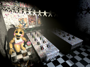 Party Room 1, with Toy Chica about to enter the vent, brightened and saturated for clarity.