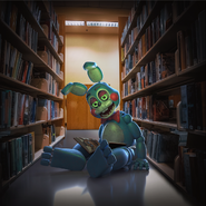 An unused in-game render of Toy Bonnie reading a book in a library.