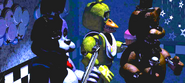 Bonnie with Chica and Freddy on the Show Stage, brightened and saturated for clarity.