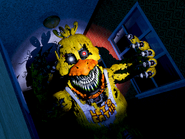 Nightmare Chica in the frame before her attack, brightened and saturated for clarity.