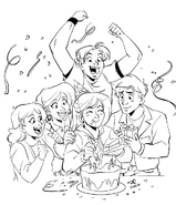 Art of the main cast celebrating Charlotte Emily's birthday.