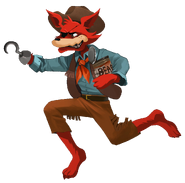 A cutout of Foxy running with a can of beans.